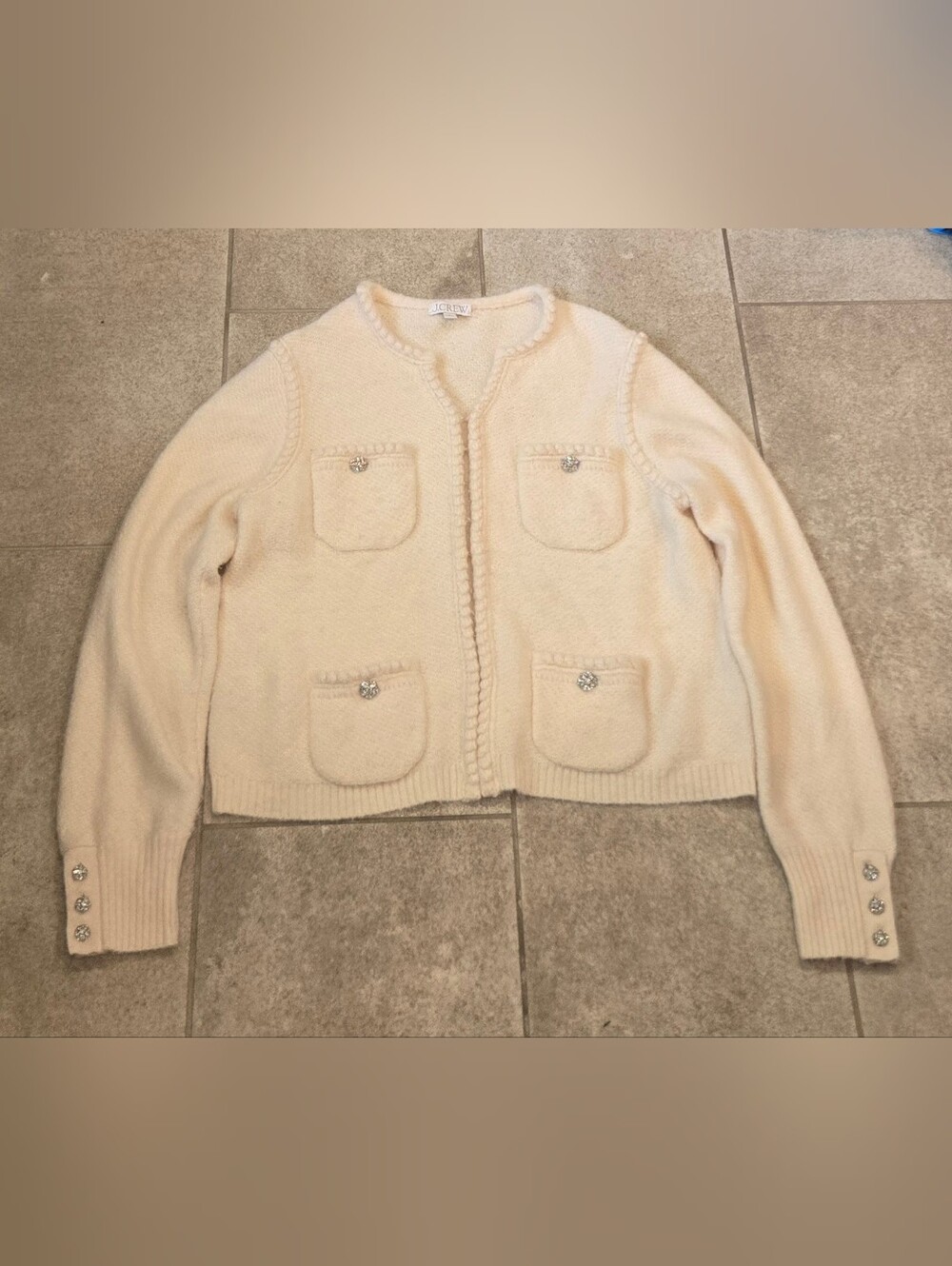 J Crew Odette Sweater Lady Jacket Womens L Cream Merino Wool Alpaca Jewel Button